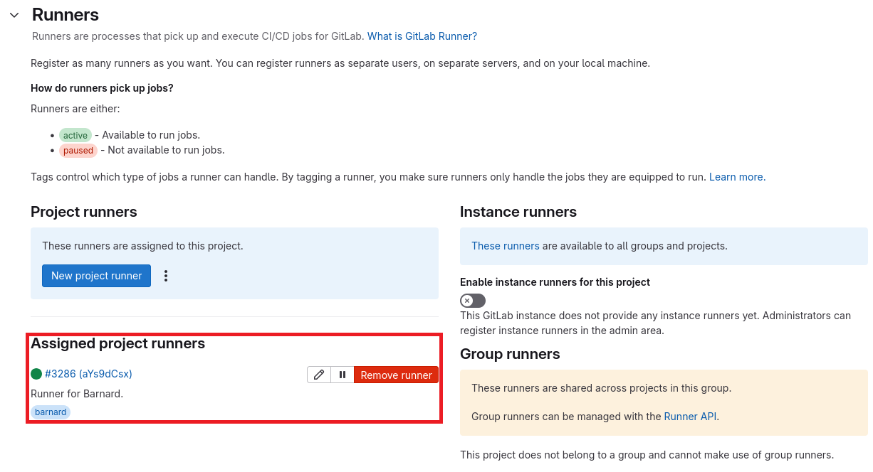 Configured runners are found under *Runners*