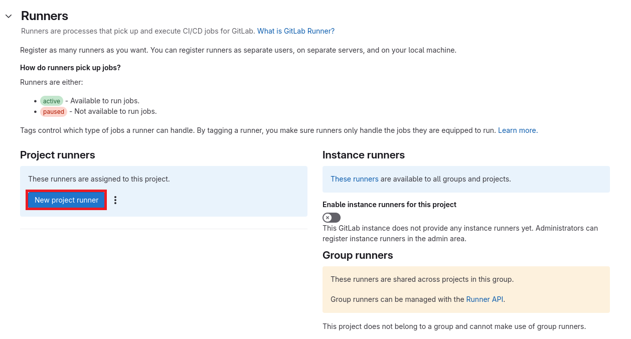 Click on *New project runner*